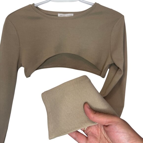 Grey Lab brown ribbed knit round neck long sleeve cropped top size US S - Picture 2 of 5